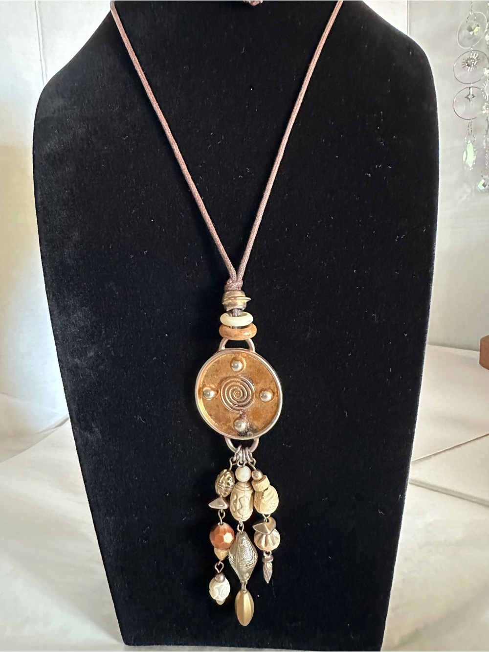 Tribal, Ethnic, Bohemian Style Necklace with Multi-Charm Dangles on Brown Cord